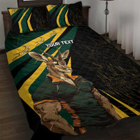 Black quilt bed set with green and yellow stripes, springbok mascot and personalized text