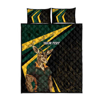 Black quilt bed set with matching pillowcases, springbok art and green-yellow flag stripes