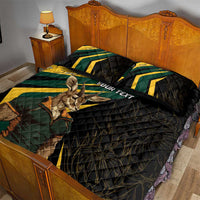 Black quilt bed set on wooden bed frame, green and yellow stripes with springbok graphic