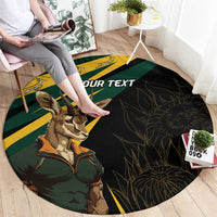 Round carpet with springbok mascot and custom text, dark background with green stripes