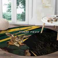 Round carpet with springbok mascot and custom text, green stripes on dark background