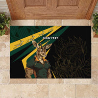 Rubber doormat with springbok mascot portrait and 'YOUR TEXT' on black with yellow rays