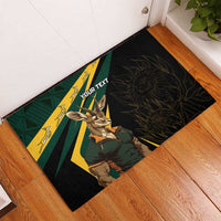 Rubber doormat with springbok mascot and 'YOUR TEXT' on black, green, and yellow rays