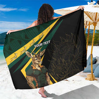 Black personalised sarong with Springbok mascot, green/yellow border, and 'YOUR TEXT' print