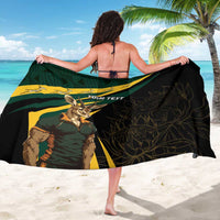 Black personalised sarong with Springbok graphic and 'YOUR TEXT' across a green/yellow panel