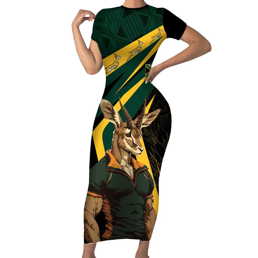 South Africa Personalised Short Sleeve Bodycon Dress Springbok Mascot Dynamic - Wonder Print Shop