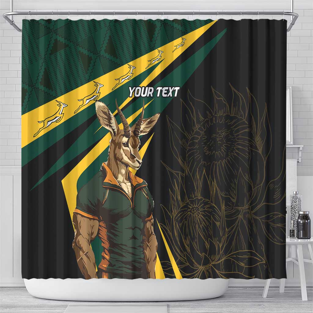 Personalized shower curtain featuring springbok mascot and 'YOUR TEXT' on green and black