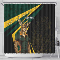 Personalized shower curtain featuring springbok mascot and 'YOUR TEXT' on green and black