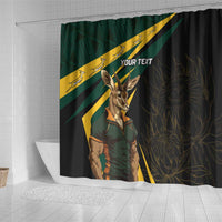 Personalized shower curtain with springbok mascot, green/yellow diagonal flag design and black