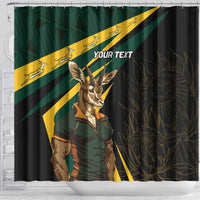 Personalized shower curtain with springbok mascot, 'YOUR TEXT', diagonal stripes and top hooks