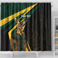 Personalized shower curtain with springbok mascot and green/yellow diagonal stripes on dark panel