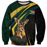 Unisex black sweatshirt with springbok mascot graphic and South Africa flag accents