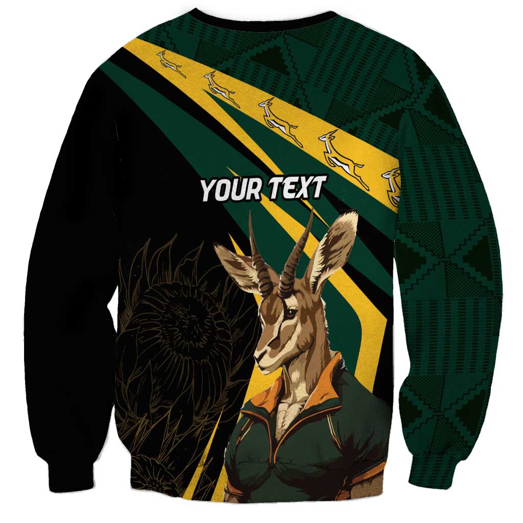 Unisex black sweatshirt with springbok mascot, striped flag design, and 'YOUR TEXT'