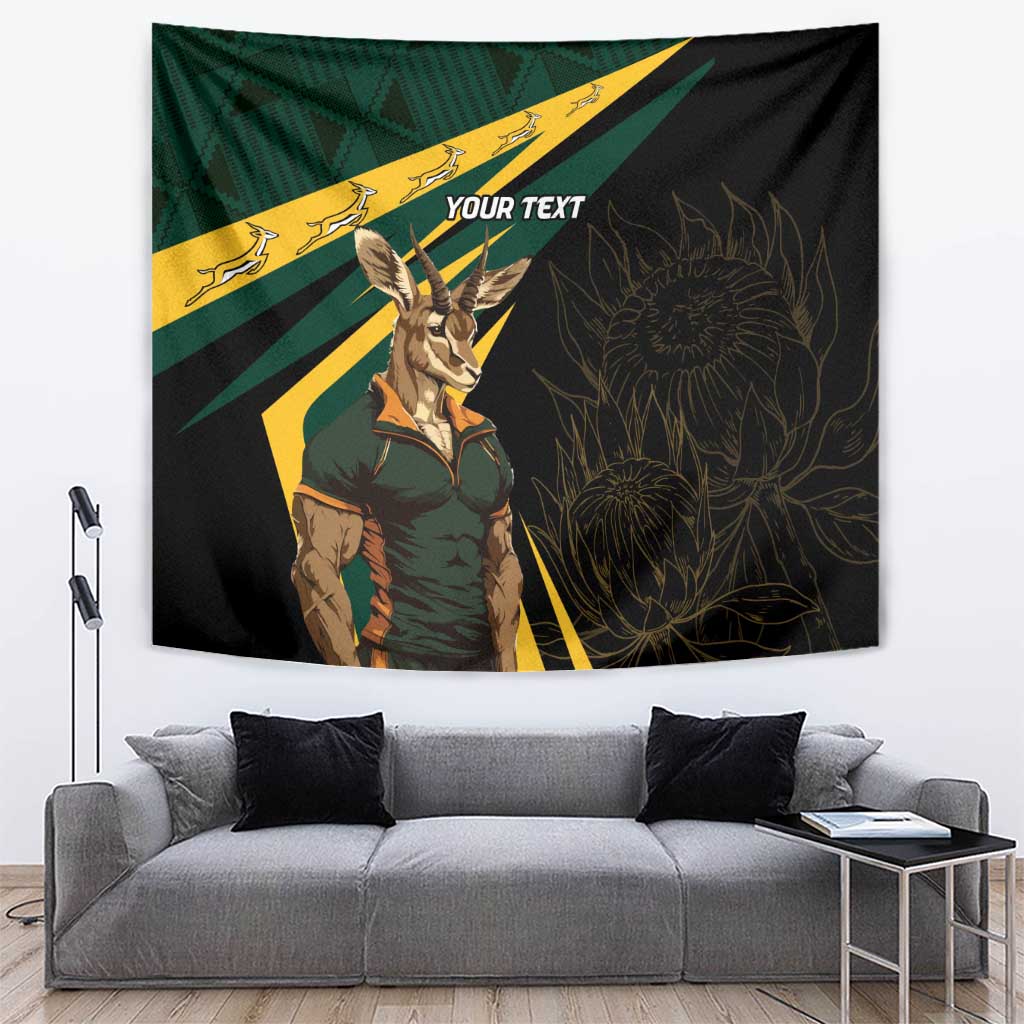 Personalized black tapestry featuring a Springbok mascot holding a shield with custom text