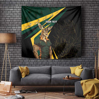 Personalized black tapestry with Springbok mascot portrait, flag rays, and gold leaf art