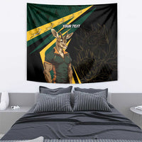Personalized black tapestry showing Springbok mascot in green, with custom text and flag stripes