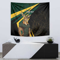 Personalized black tapestry with Springbok mascot character, yellow-green burst rays, and custom text