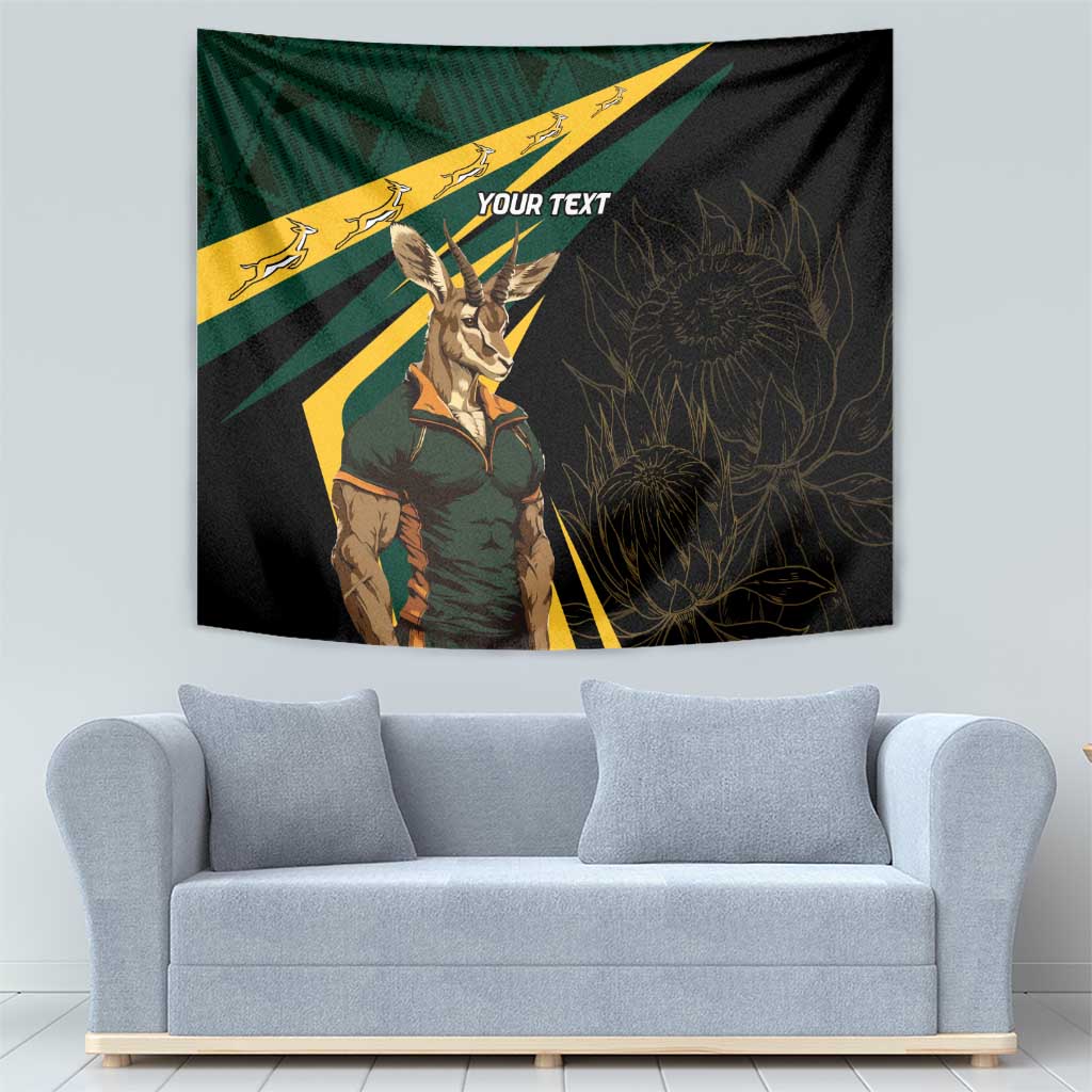 Personalized black tapestry featuring Springbok mascot, flag rays, and gold ornamental pattern