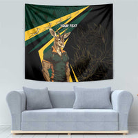 Personalized black tapestry featuring Springbok mascot, flag rays, and gold ornamental pattern