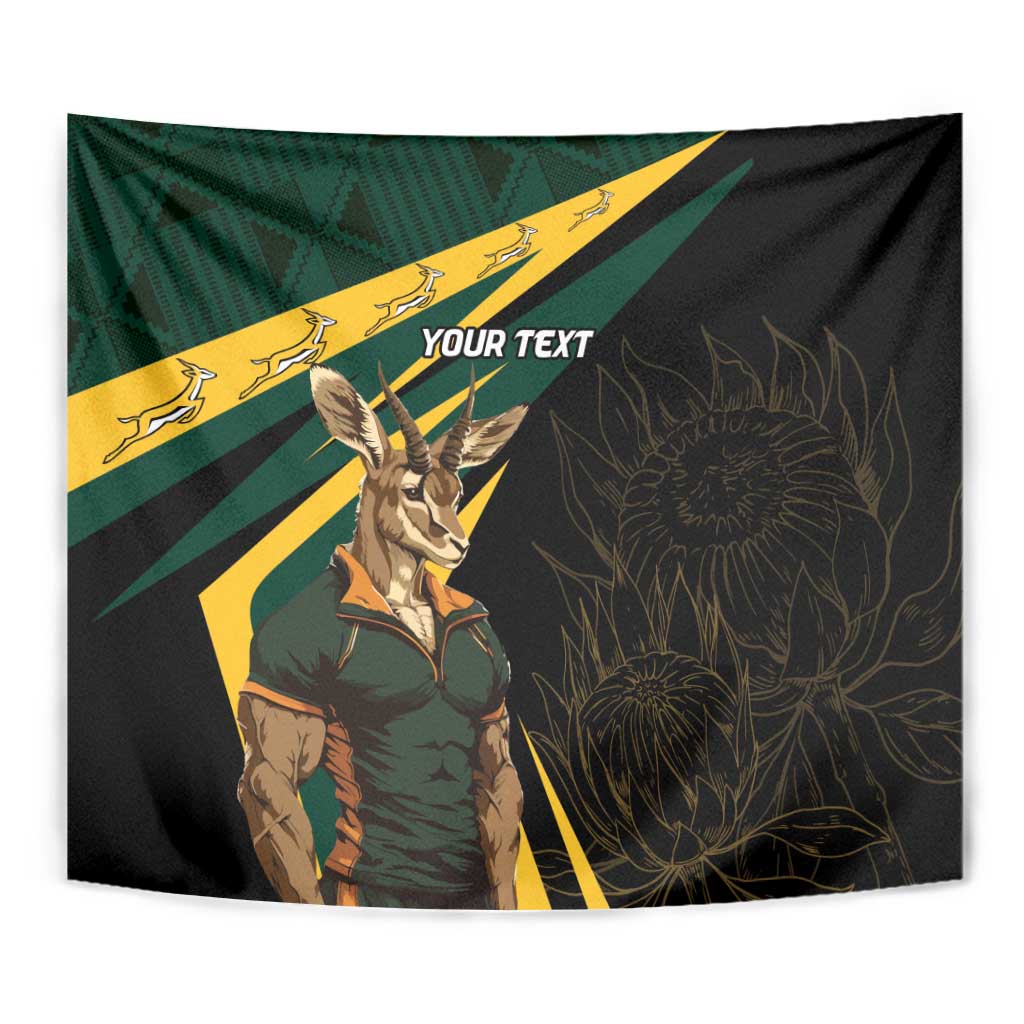 Personalized black tapestry with Springbok mascot, yellow-green flag rays, and custom text