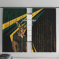 Window curtain pair with green and black fabric, yellow diagonal stripes, springbok mascot, and “YOUR TEXT”.