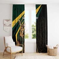 Window curtain pair with springbok mascot on the green panel and custom text, dark panel with decorative pattern.