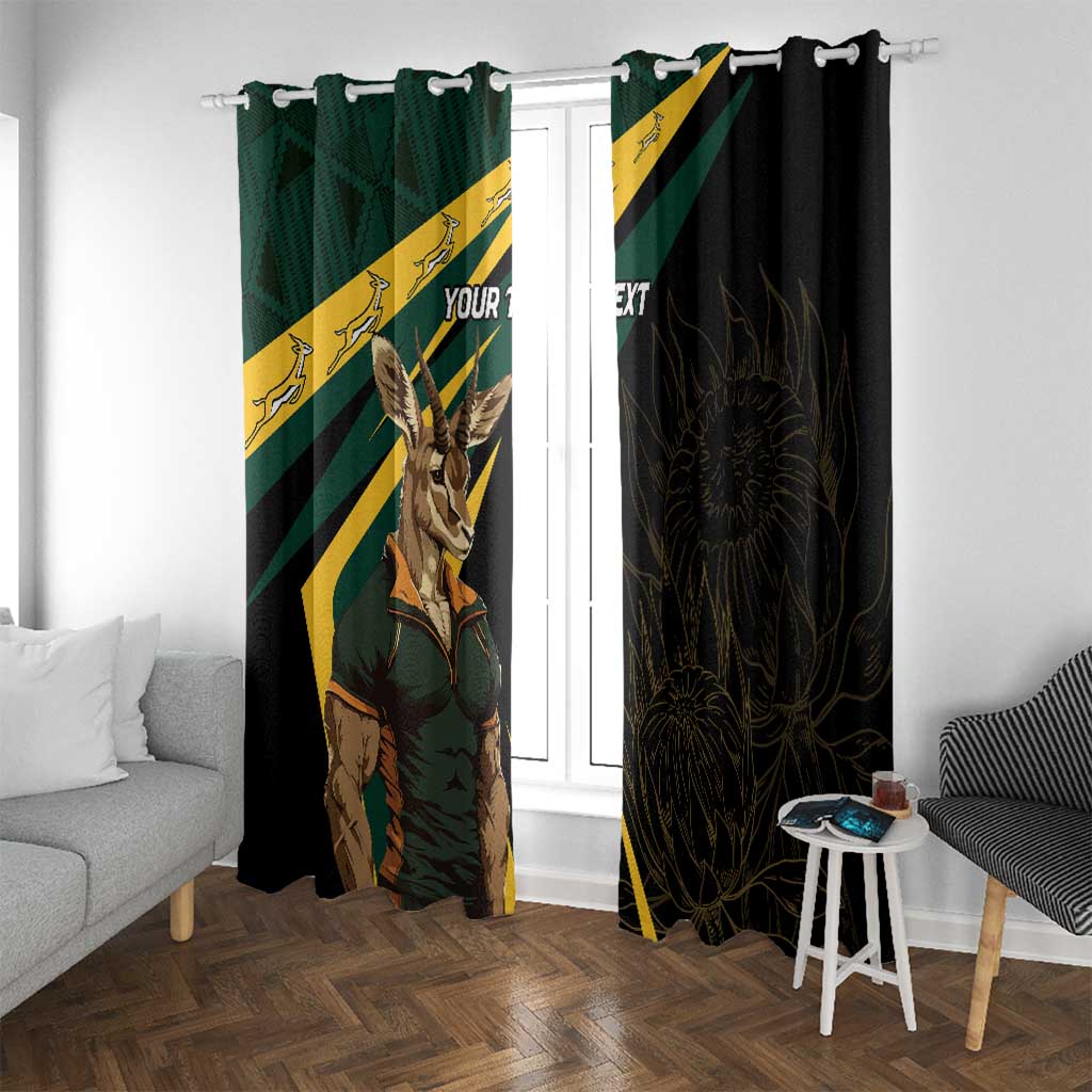 Window curtains with springbok mascot and “YOUR TEXT”, green stripe panel on the left and dark stripe panel on the right.