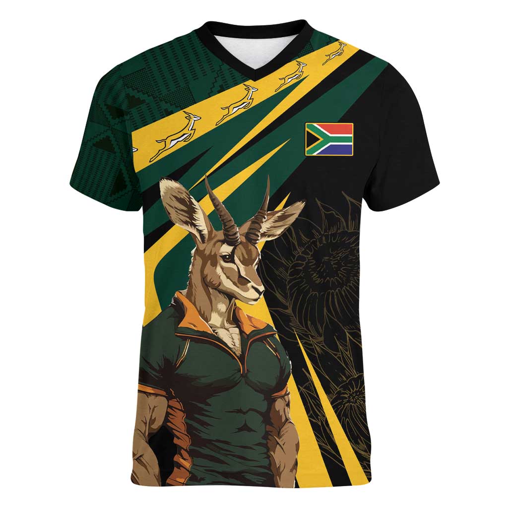 South Africa Personalised Women V-Neck T-Shirt Springbok Mascot Dynamic