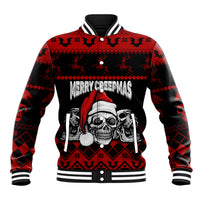 Black/red Christmas baseball jacket with skull Santa hat front graphic, buttoned varsity cuffs