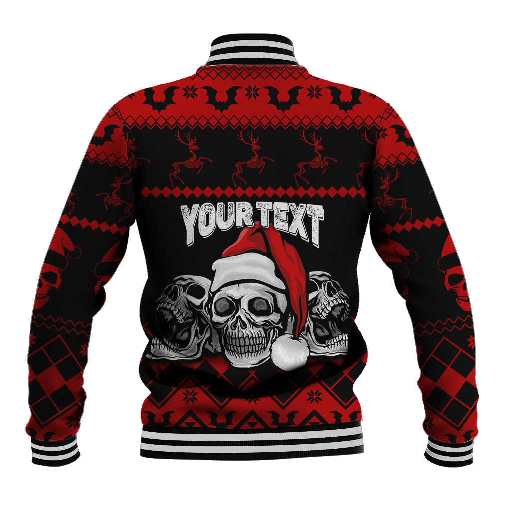 Black/red Christmas baseball jacket back with skull Santa hat graphic and striped rib collar cuffs