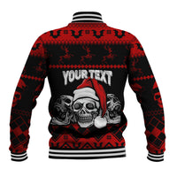 Black/red Christmas baseball jacket back with skull Santa hat graphic and striped rib collar cuffs