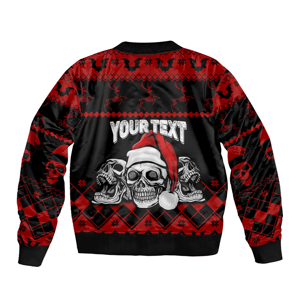 Black and red Christmas bomber jacket, back view, skull with 'YOUR TEXT' print