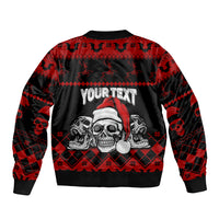 Black and red Christmas bomber jacket, back view, skull with 'YOUR TEXT' print