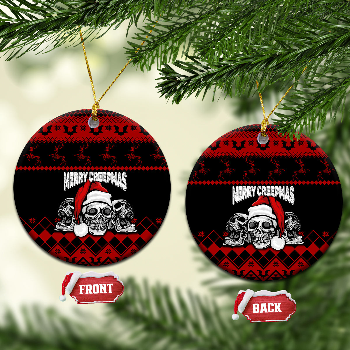 Personalized Wonder Print Christmas ceramic ornament, round black/red skull "Merry Creepmas"