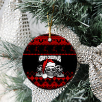 Personalized Wonder Print Christmas ceramic ornament, round black/red skull "Merry Creepmas" on tree