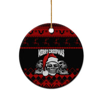 Personalized Wonder Print Christmas ceramic ornament, round black/red skull "Merry Creepmas" front