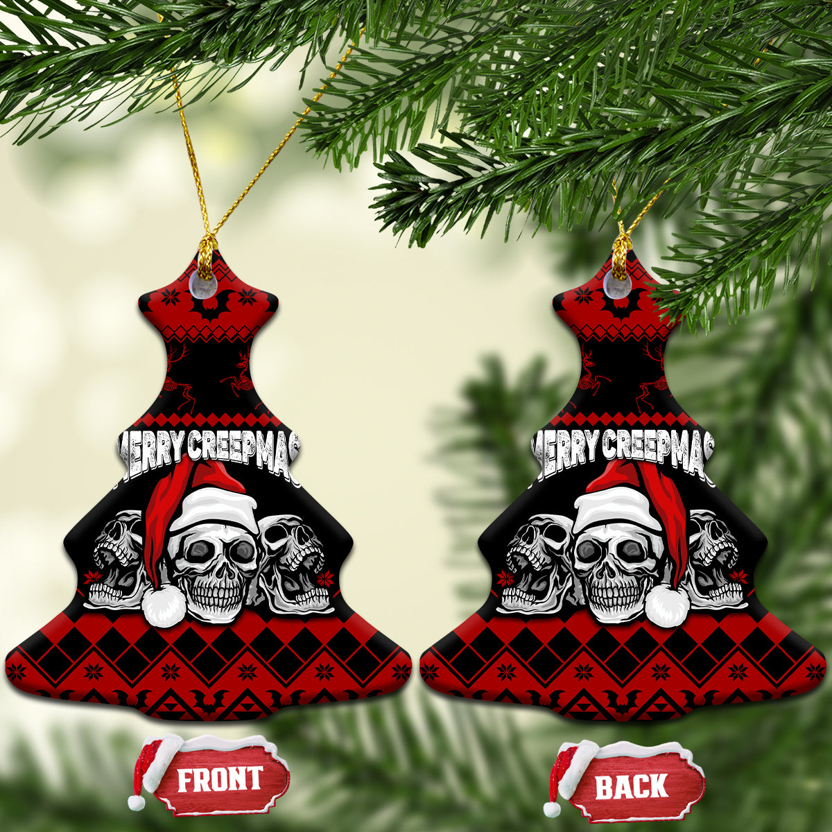 Personalized Wonder Print Christmas ceramic ornament, bell shape black/red skull "Merry Creepmas" hanging