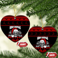 Personalized Wonder Print Christmas ceramic ornament, heart shape black/red skull "Merry Creepmas" hanging