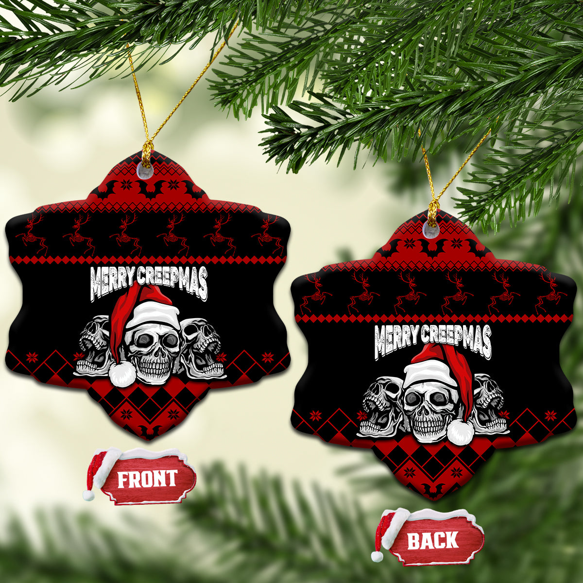 Personalized Wonder Print Christmas ceramic ornament, snowflake shape black/red skull "Merry Creepmas" hanging