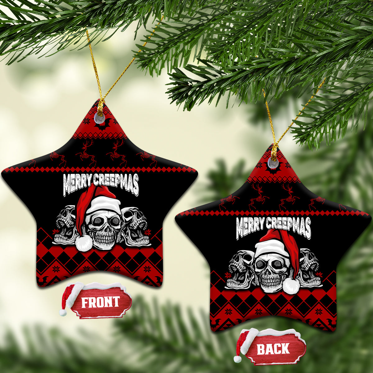 Personalized Wonder Print Christmas ceramic ornament, star shape black/red skull "Merry Creepmas" hanging