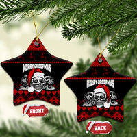 Personalized Wonder Print Christmas ceramic ornament, star shape black/red skull "Merry Creepmas" hanging