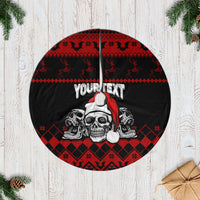 Personalized tree skirt, black with red Gothic skull graphic and custom text panel