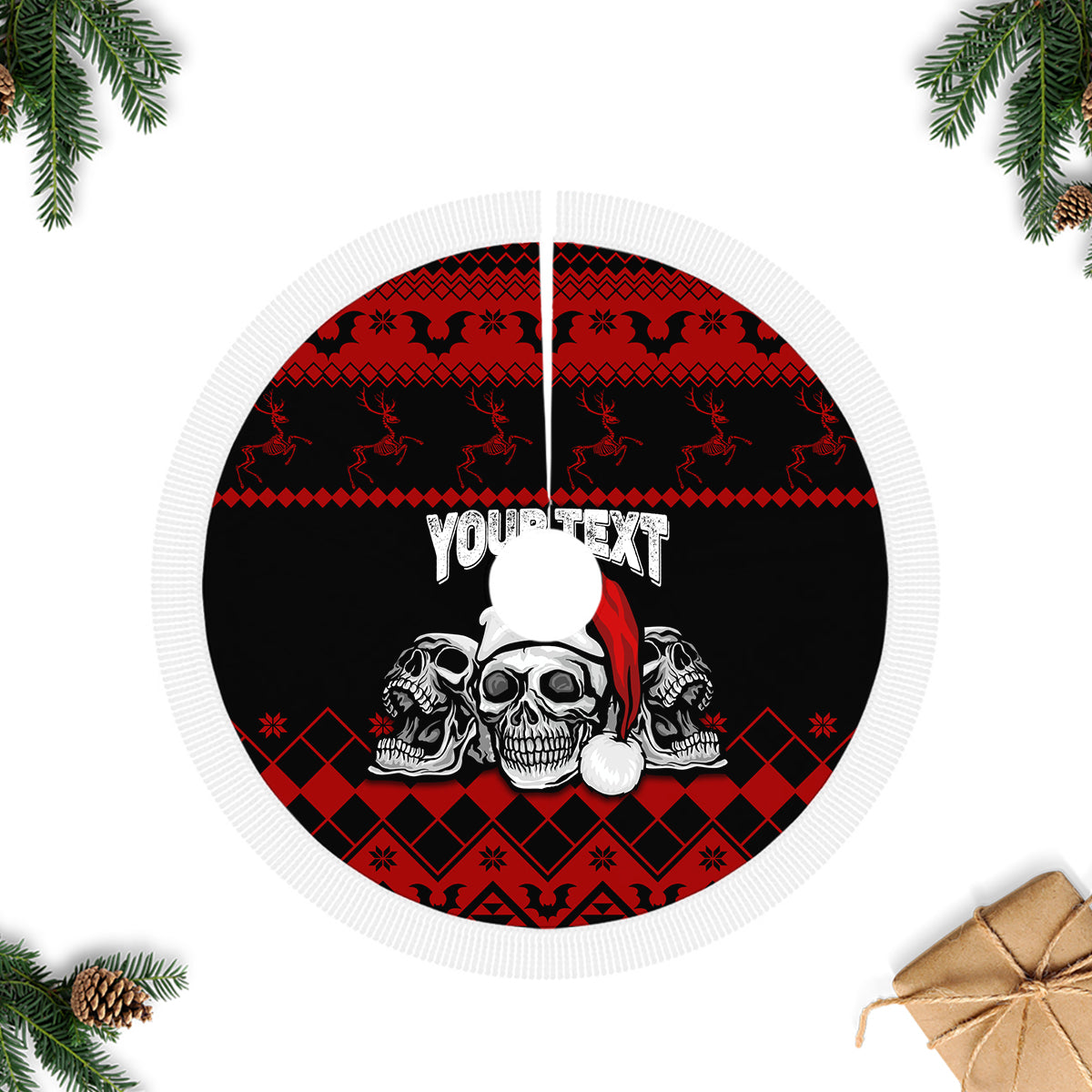 Personalized tree skirt with white fringed border, black and red skull print