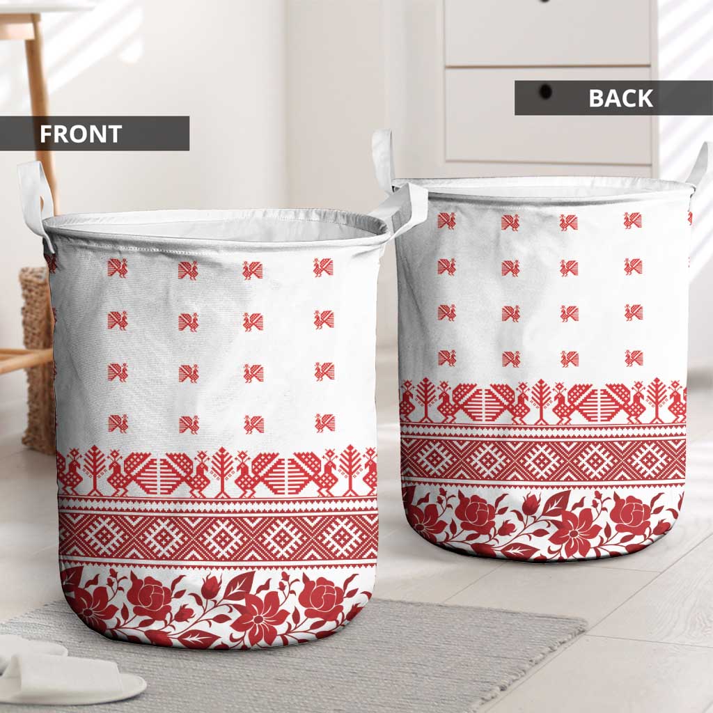 Antique Croatia Folk Embroidery Inspired Pattern Laundry Basket Roses and Peacocks - Wonder Print Shop
