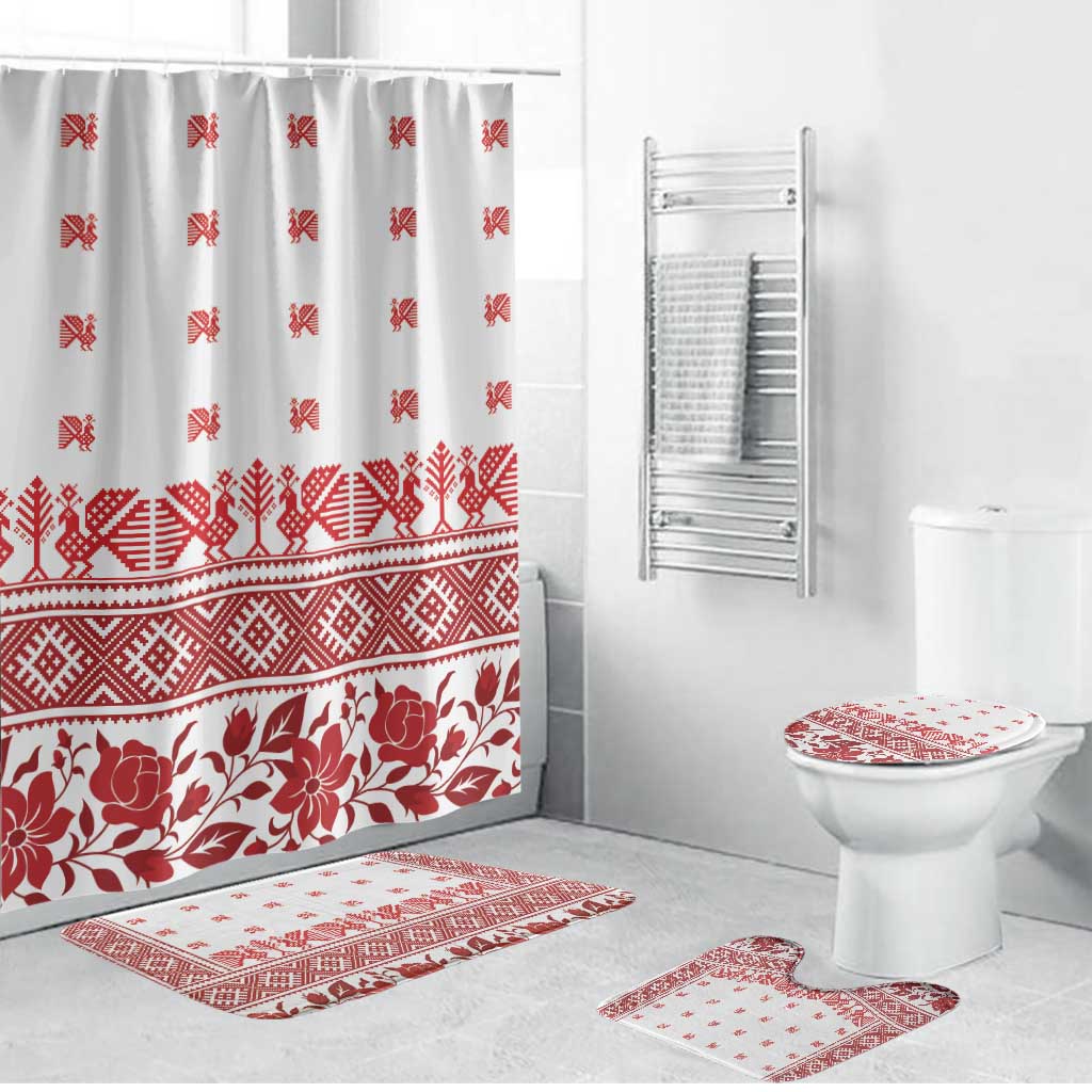 Antique Croatia Folk Embroidery Inspired Pattern Bathroom Set Roses and Peacocks - Wonder Print Shop