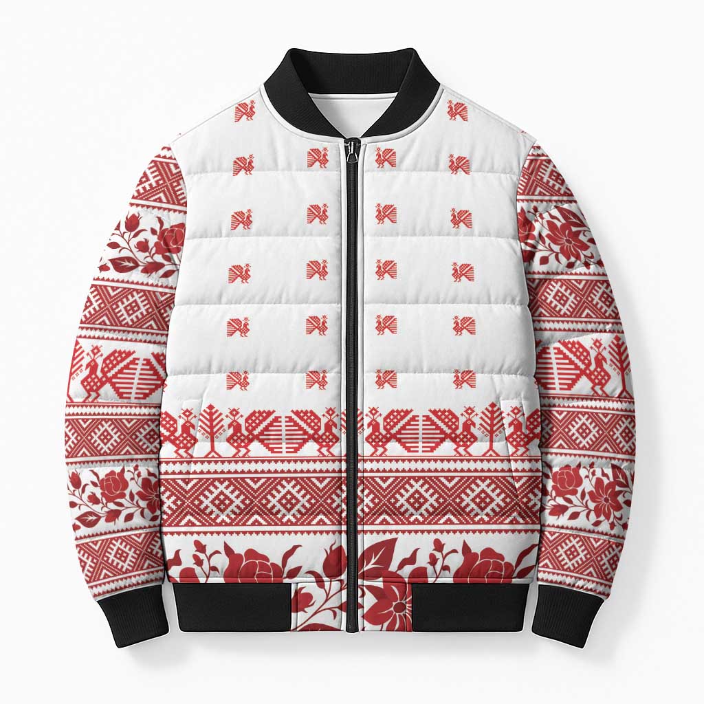 Antique Croatia Folk Embroidery Inspired Pattern Bomber Puffer Jacket Roses and Peacocks - Wonder Print Shop