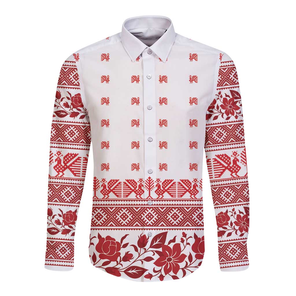 Antique Croatia Folk Embroidery Inspired Pattern Long Sleeve Button Shirt Roses and Peacocks - Wonder Print Shop