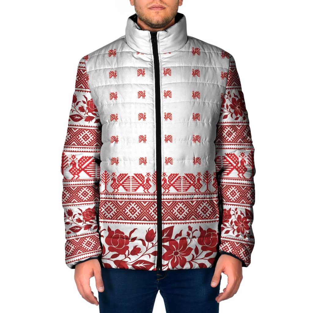 Antique Croatia Folk Embroidery Inspired Pattern Padded Jacket Roses and Peacocks - Wonder Print Shop