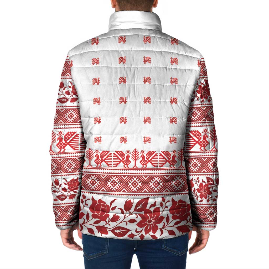 Antique Croatia Folk Embroidery Inspired Pattern Padded Jacket Roses and Peacocks - Wonder Print Shop