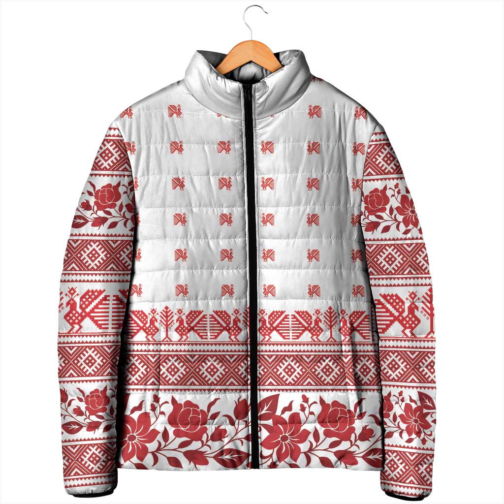 Antique Croatia Folk Embroidery Inspired Pattern Padded Jacket Roses and Peacocks - Wonder Print Shop